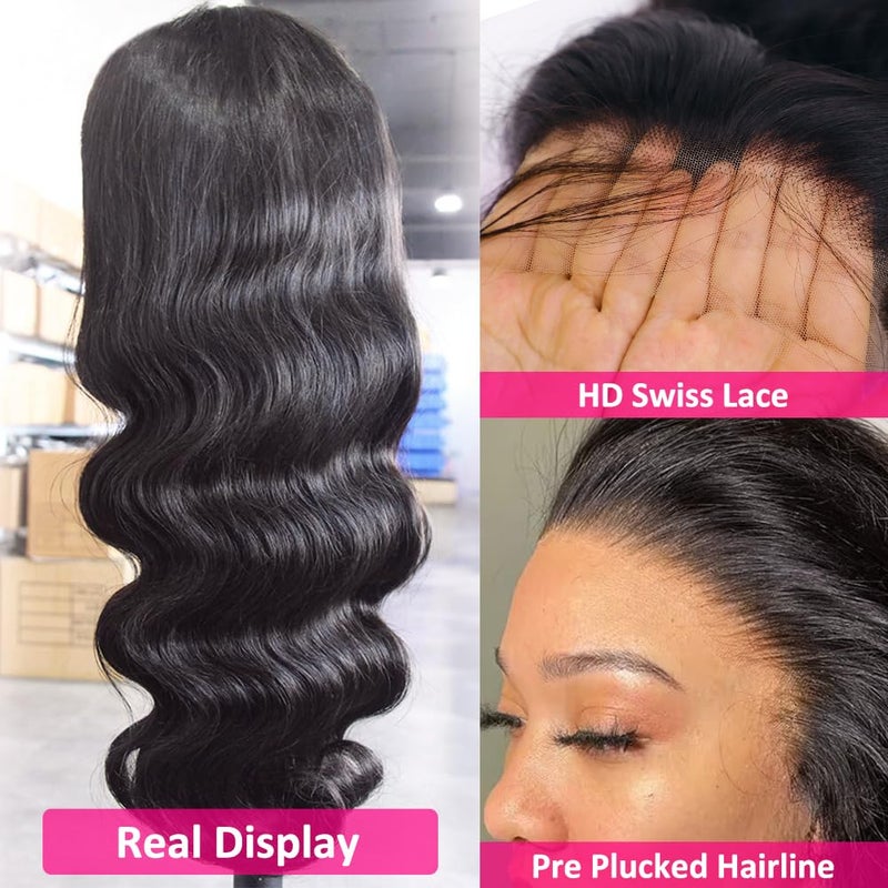 Wingirl 220 Density HD Lace Front Wigs Human Hair Pre Plucked 13x5 Transparent Body Wave Lace Frontal Wig with Baby Hair 12A Glueless Human Hair Wigs for Women Black Color 24 Inch - Image 3